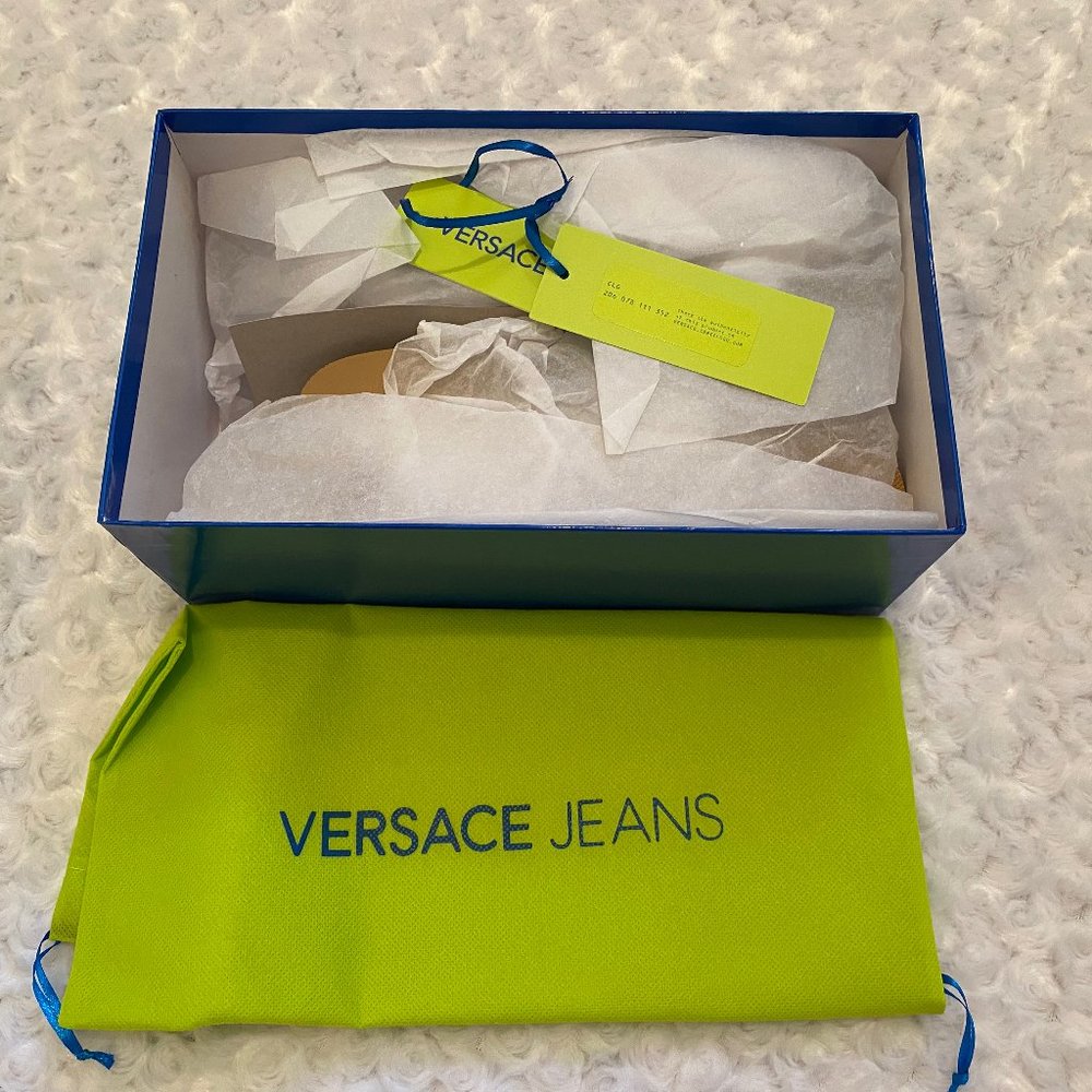 Versace Jeans Ladies Blue Glitter Mirror Flat Sandals-37 - Picture 12 of 12